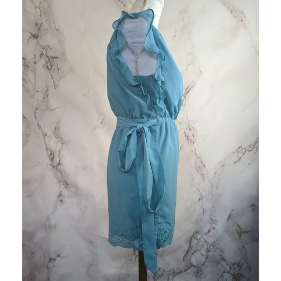 Lovers + Friends Mini Wrap Dress Blue Embroidered V-Neck Flutter Small - Picture 3 of 12